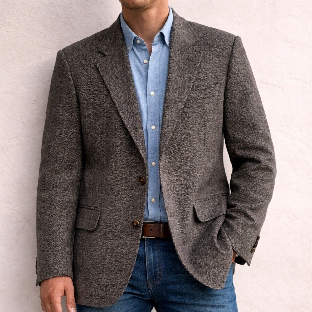 Vintage Wool Jacket‎ – 46 Gray Herringbone Tweed Leather Buttons - Picture 2 of 13